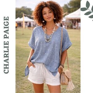 Charlie Paige Cotton Boho Top Blue NWT Size Large